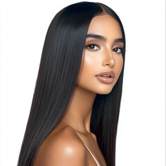 A captivating beauty portrait of a stunning model with long, straight dark hair and flawless skin, exuding confidence and elegance.