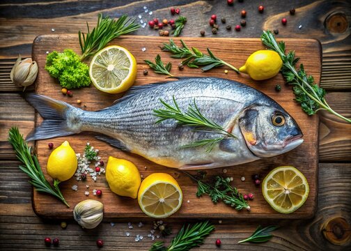 Freshly caught lampuka fish lies on a rustic wooden table, its iridescent scales glistening in soft light, surrounded by Mediterranean herbs and lemons.