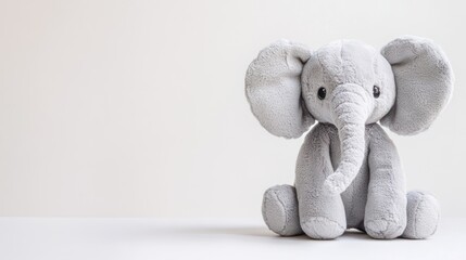 A soft, gray stuffed elephant toy sitting on a clean surface, ideal for children or decoration.