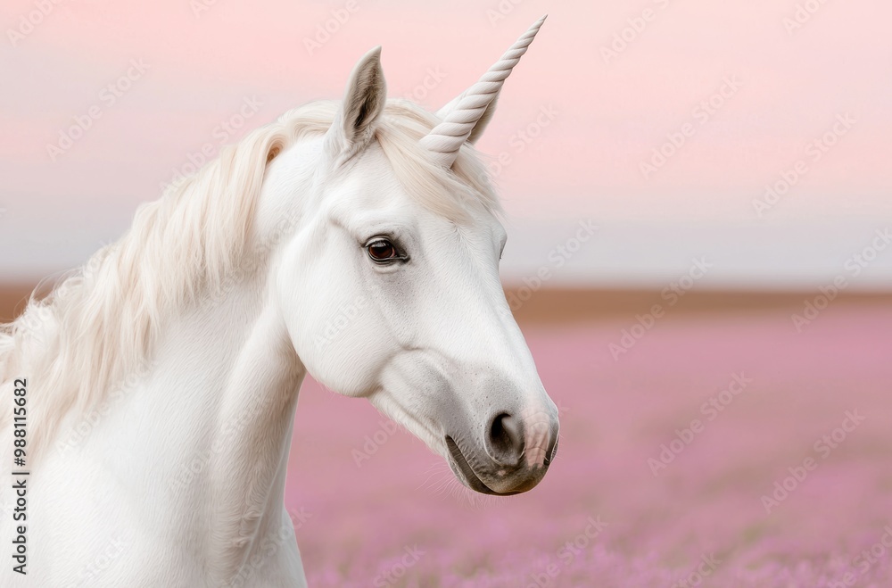 Poster Majestic white unicorn in a field of pink flowers