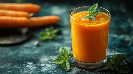 Glass of Orange Juice with Mint Garnish and Carrots in Background