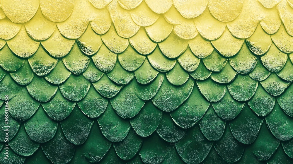 Poster a textured gradient of overlapping scales in green and yellow hues.