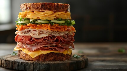 A massive sandwich tower with multiple layers of meats like pastrami and turkey, slices of cheddar and Swiss cheese, and fresh veggies. The sandwich stands tall on a rustic wooden board,