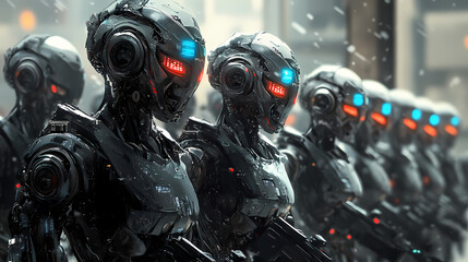 Fototapeta premium Robots. futuristic interpretation future illustration. Cyborg Army. Illustration