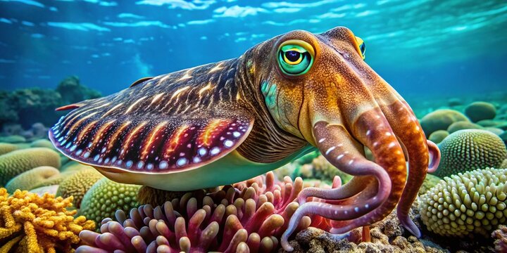 Magnificent giant cuttlefish with vibrant camouflage skin and large expressive eyes swims through a coral reef, its tentacles rippling in the ocean current.