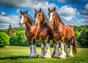 Majestic Clydesdale draft horses with feathery legs and gleaming coats stand proudly in a lush green meadow, their muscular builds and gentle eyes on full display.