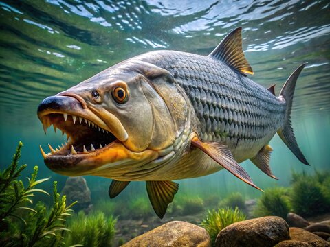 Majestic giant tigerfish, Hydrocynus goliath, swims in clear Congo River waters, its silver scales glistening, with large teeth and fins, showcasing its powerful, predatory beauty.