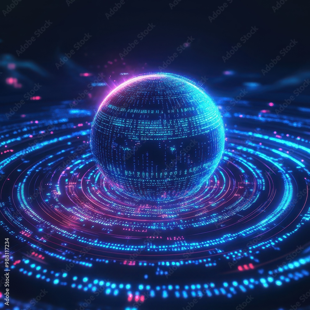 Poster abstract futuristic sphere with glowing blue and pink lines and data code - technology background.