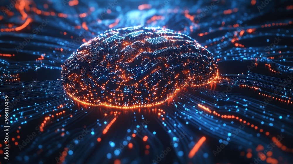 Poster abstract digital brain with glowing lines and network connections - artificial intelligence, neural 