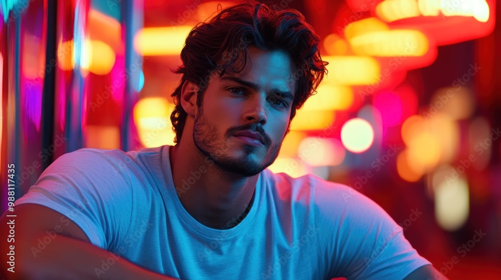 Wall mural A contemplative young man poses against a vibrant, neon-lit backdrop.