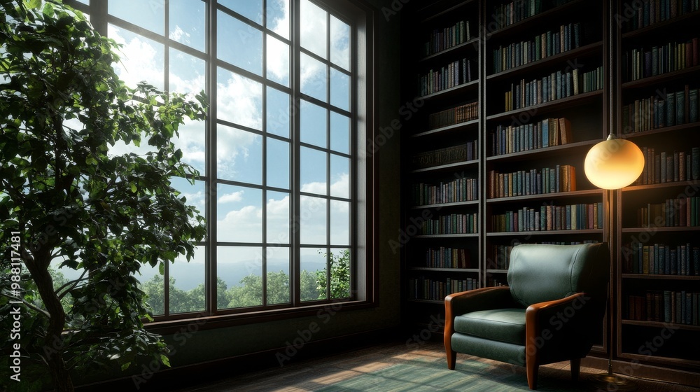 Poster a serene and inviting library space features large windows overlooking a lush green view, filled wit