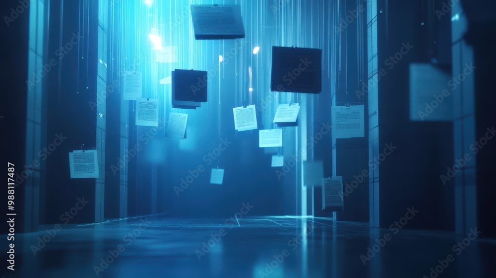 Poster futuristic blue corridor with suspended documents and glowing lines - abstract concept of data and i