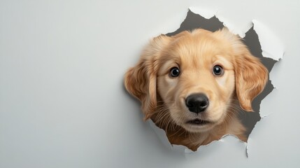 A curious golden retriever puppy peeking through a hole in a wall.
