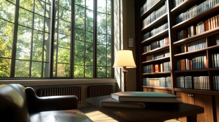 Fototapeta premium A cozy library with large windows, sunlight streaming in, and a comfortable armchair perfect for reading. This serene space evokes tranquility and a love for books.