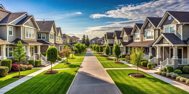 Rows of identical suburban homes with manicured lawns and perfectly aligned sidewalks stretch towards the horizon, showcasing a uniform and cookie-cutter residential landscape.