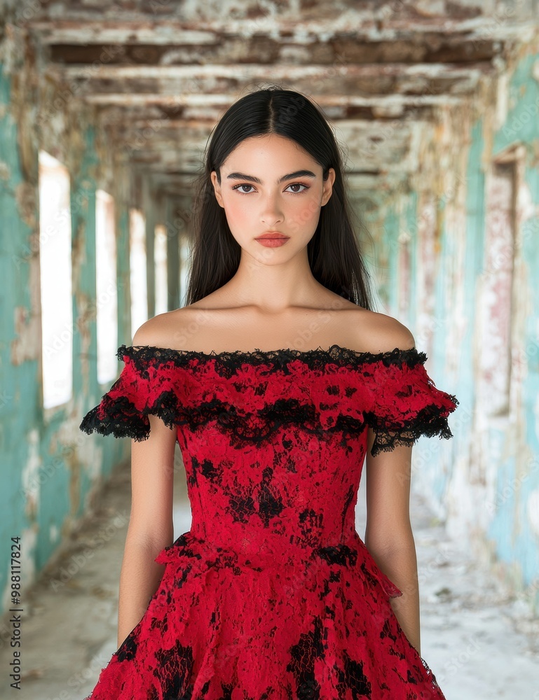 Sticker Elegant woman in red lace dress posing in old building