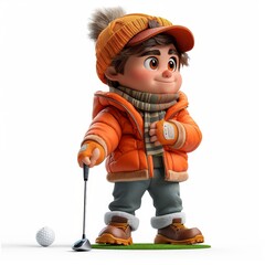 Cute Cartoon Character Playing Golf Outdoors