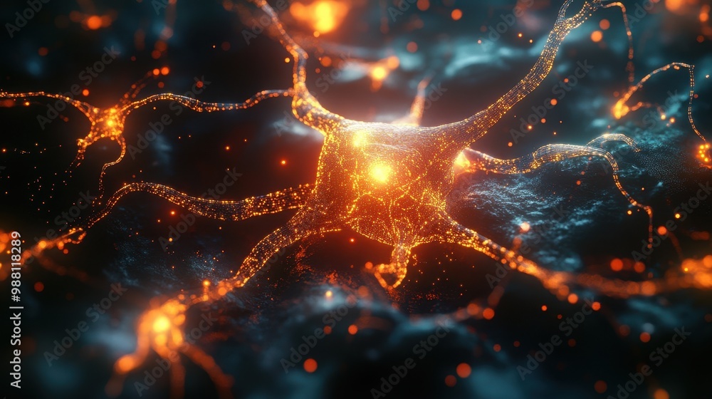 Poster abstract glowing neuron network - 3d render of a digital brain cell with sparkling light effects.