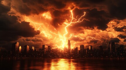 Obraz premium A dramatic lightning storm illuminates a city skyline, with fiery streaks of lightning splitting the dark clouds above. Power, nature, chaos, urban, and intensity.