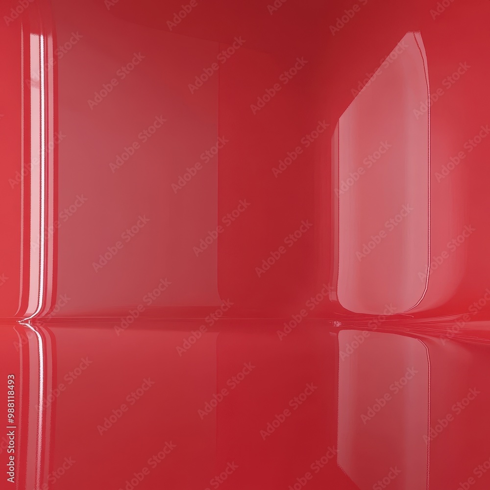 Poster abstract red glossy wall background with curved shapes and reflections.