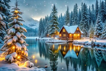 Fototapeta premium Snowflakes gently fall on a serene winter wonderland scene featuring icy frozen lake, evergreen trees, and rustic wooden cabin adorned with festive holiday lights.