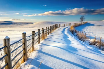 Snow fence stands tall in the open field, its curved line cutting across the vast expanse of winter landscape, a beacon against the monotony of frost.