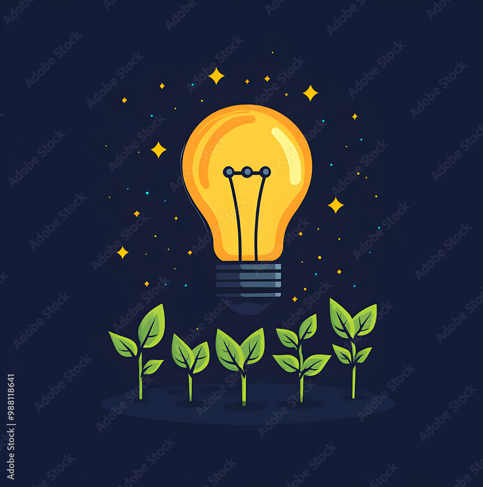 Poster flat design of a glowing light bulb with seedlings below, growing in perfect alignment towards the l