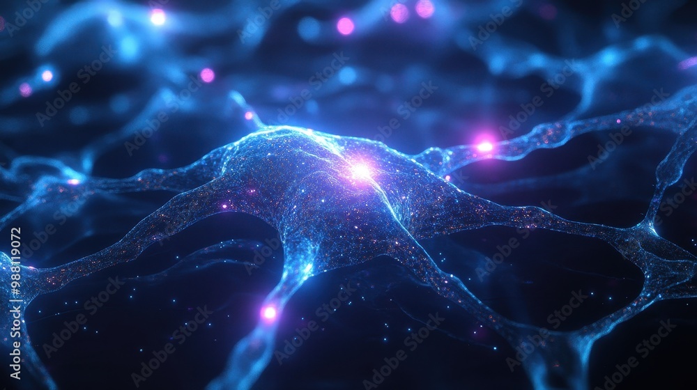 Poster abstract blue and purple neuron cell network - 3d render - science background - high resolution