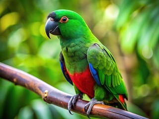 Obraz premium The emerald green parrot, adorned with a black collar, sits regally on a branch, its vibrant plumage glistening in the sunlight.