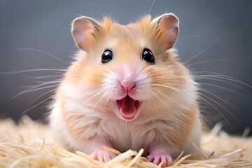 The hamster's relaxed face is covered in tiny whiskers as it unfurls its pink tongue, stretching its mouth wide to showcase minute teeth.