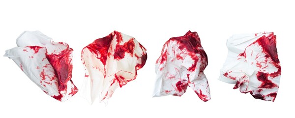 a handkerchief or tissue filled with blood isolated on white background. concept of incident, accident, cleaning bleeding wound with tissue. Concept set groups of objects, clipping path