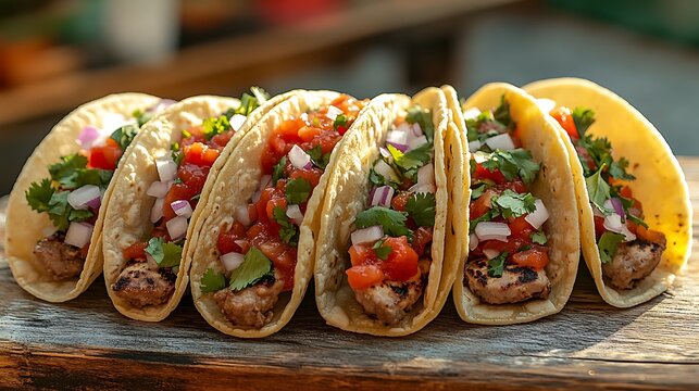 A set of street tacos brimming with colorful toppings like cilantro, onions, and spicy salsa, sitting on a weathered wooden board. The warm sunlight highlights the ingredients,