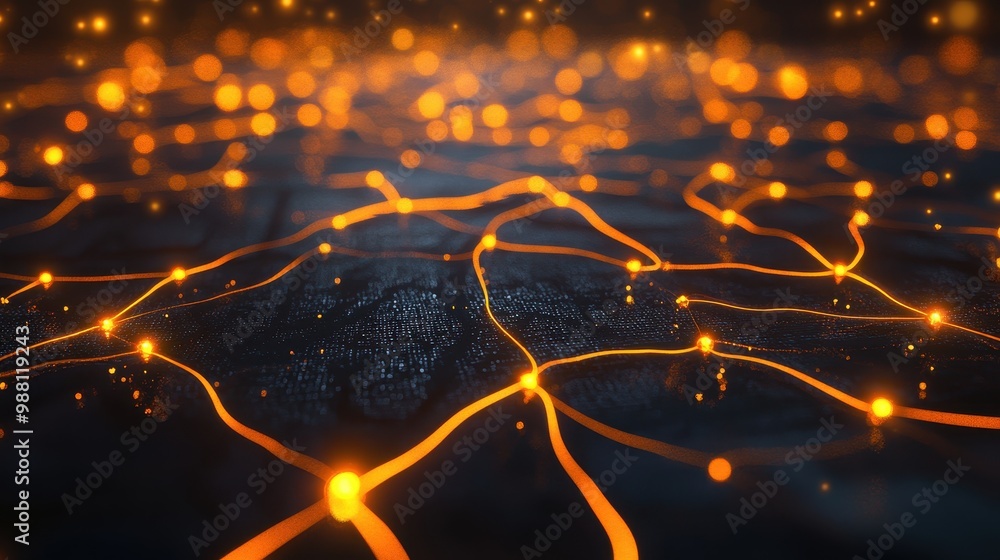 Poster abstract network connection with glowing orange lines and points - technology background