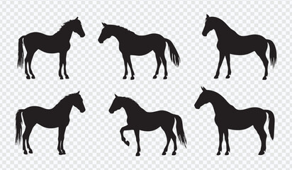 Silhouettes of Horses in Various Poses - Elegant Vector Collection on White Background