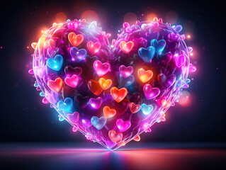 Heart made of neon lights Valentines day illustration.