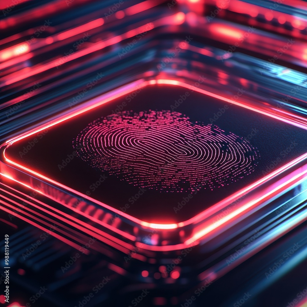 Poster abstract fingerprint scan on red neon circuit board - futuristic digital security concept.