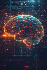 Obraz premium Abstract Digital Brain in Network with Glowing Lights and Grids.