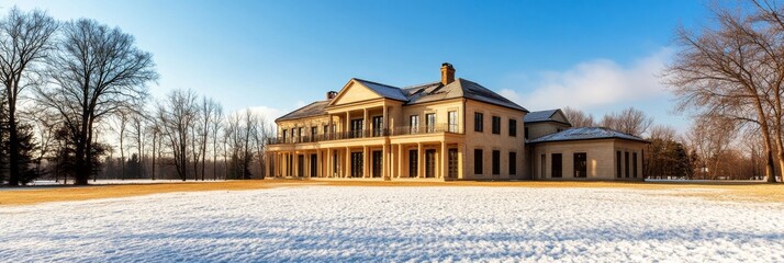 A stately mansion under construction stands proudly against a backdrop of snow-covered fields and bare trees. The sun casts a warm glow on the building, hinting at the promise of a luxurious home to c