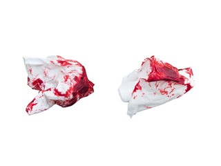 a handkerchief or tissue filled with blood isolated on white background. concept of incident, accident, cleaning bleeding wound with tissue. Concept set groups of objects, clipping path