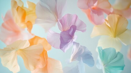 A soft, pastel arrangement of delicate flower petals floating gently in a light background.