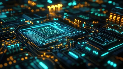 Abstract Futuristic Circuit Board with Glowing Blue and Orange Lights - Technology Background.