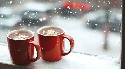 Fototapeta premium Cozy Winter Cocoa on a Snowy Windowsill