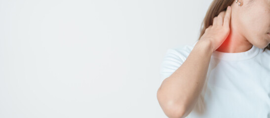 Woman having Neck and Shoulder pain at home. Muscle painful due to Myofascial pain syndrome and Fibromyalgia, rheumatism, Scapular pain, Cervical Spine. ergonomic concept