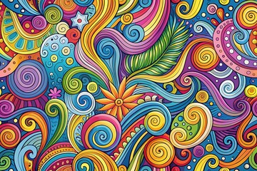 Vibrant, playful doodles featuring colorful swirls, wavy lines, and whimsical shapes create a carefree, energetic atmosphere, perfect for backgrounds, textures, or design elements.