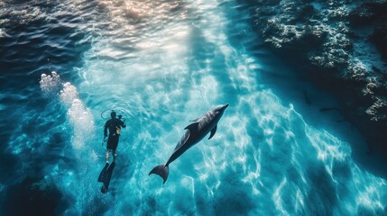 Fototapeta premium A diver swims alongside a dolphin in a serene underwater scene.