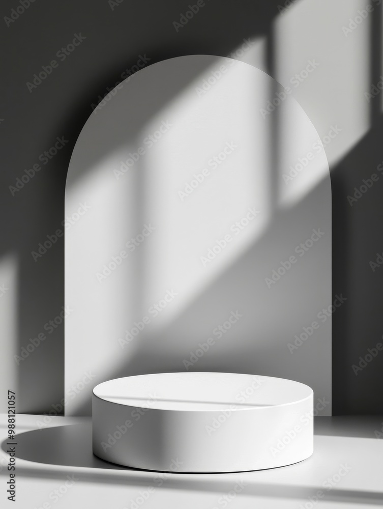 Poster minimalist product display with a white cylindrical podium placed in front of a white arched backdro