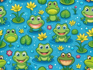 Obraz premium Vibrant green and blue pattern of comic-style cartoon frogs, Lilly pads, and water lilies create a whimsical and playful design for a unique wallpaper background.