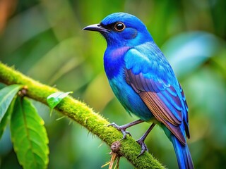 Obraz premium Vibrant blue bird perches on a delicate branch amidst lush green foliage, showcasing its iridescent feathers and vibrant plumage in a serene natural setting.