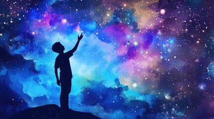 Naklejka premium Silhouette of a Person Reaching for the Stars in a Night Sky Watercolor Painting.