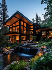 Fototapeta premium Modern mountain home with a stunning waterfall, sleek architecture, large windows, and a serene forest setting.
